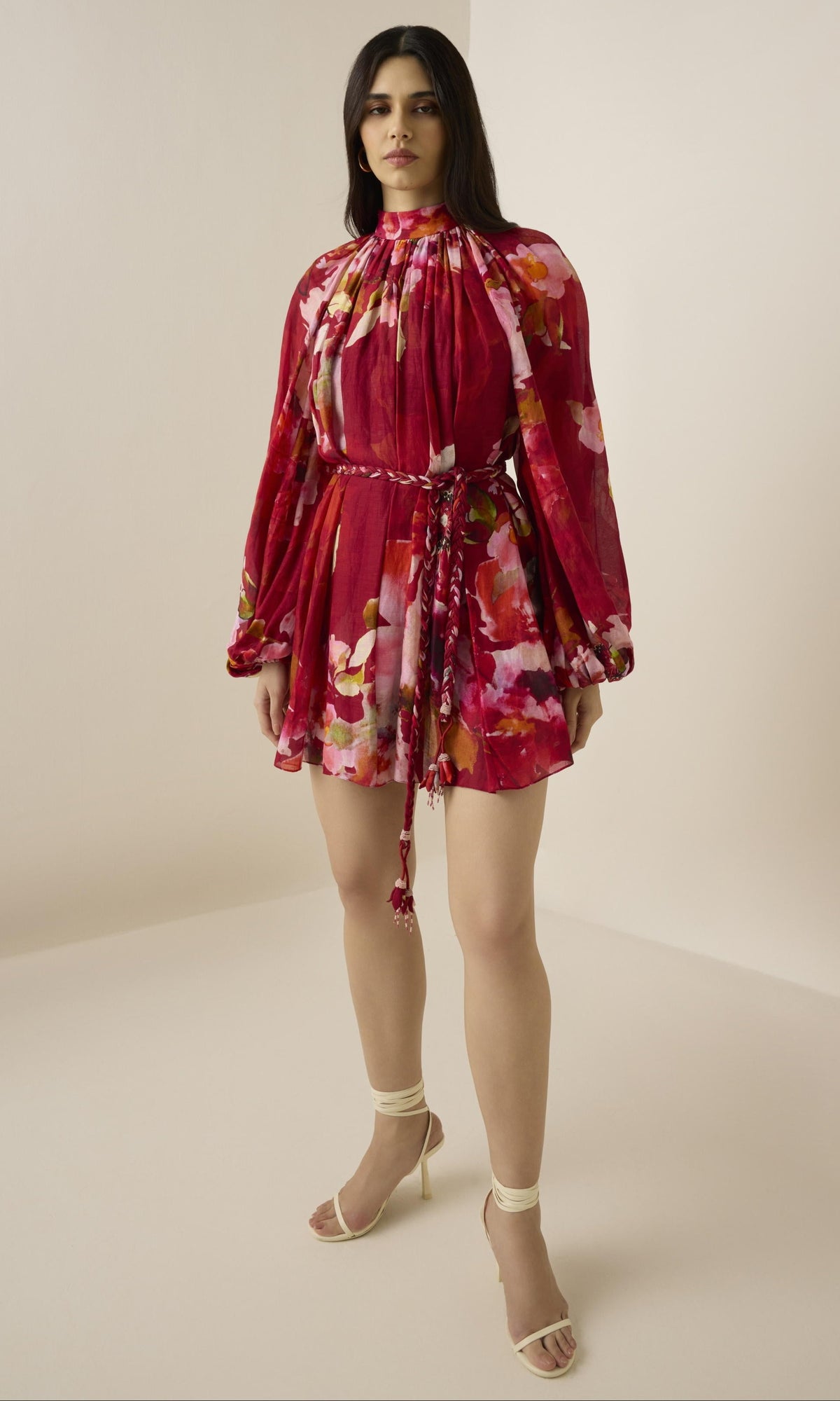 Hemant And Nandita | Tuhi Viscose Linen Organza Short Dress With Braided Belt And Slip | Burgundy Multi