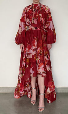 Hemant And Nandita | Tuhi Viscose Linen Organza High Low Long Dress With Braided Belt And Slip | Burgundy Multi