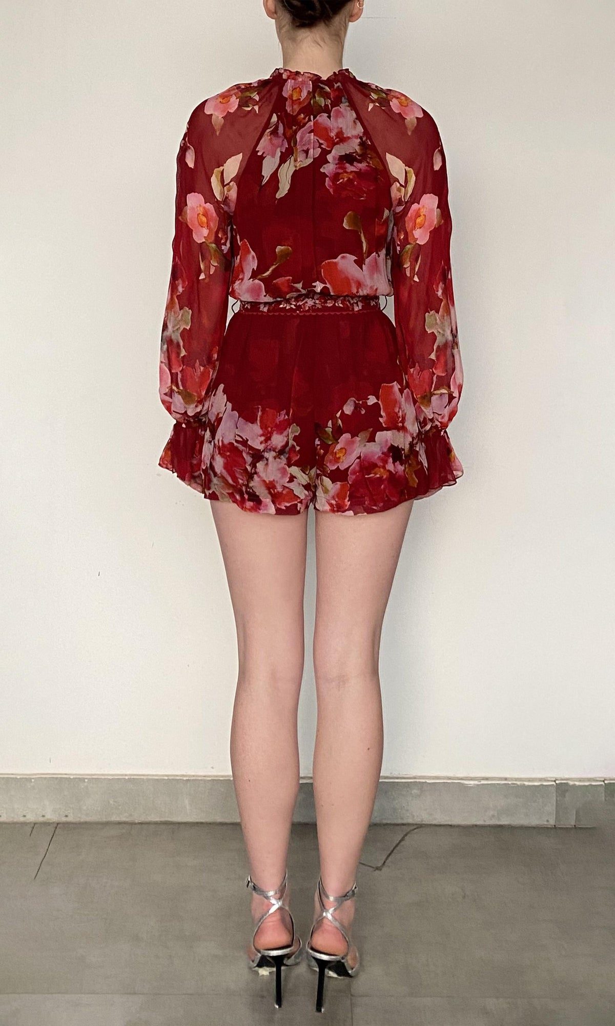 Womens | Tuhi Viscose Crinkle Chiffon Romper | Burgundy Multi