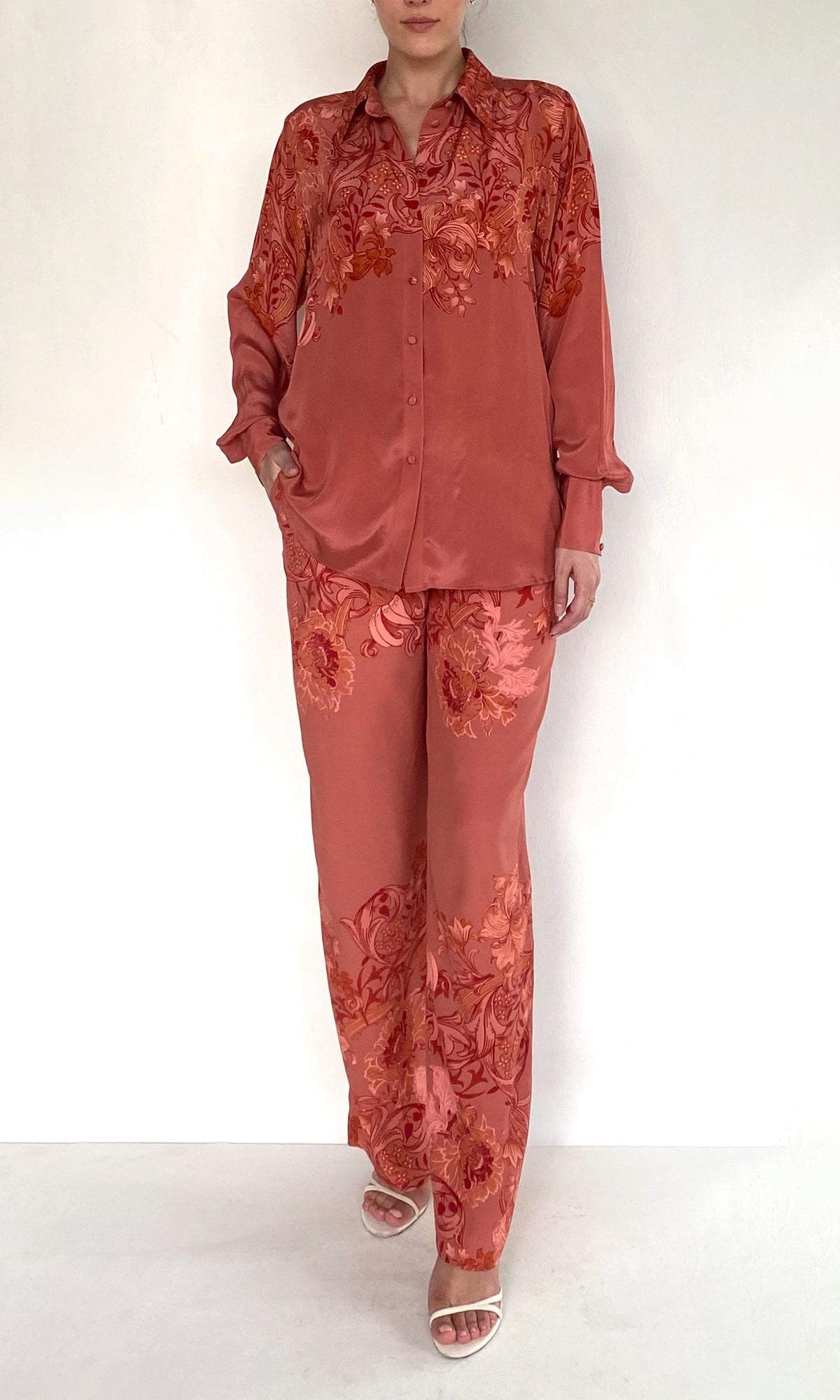 Hemant And Nandita | Vine Viscose Natural Crepe Oversized Shirt | Coral