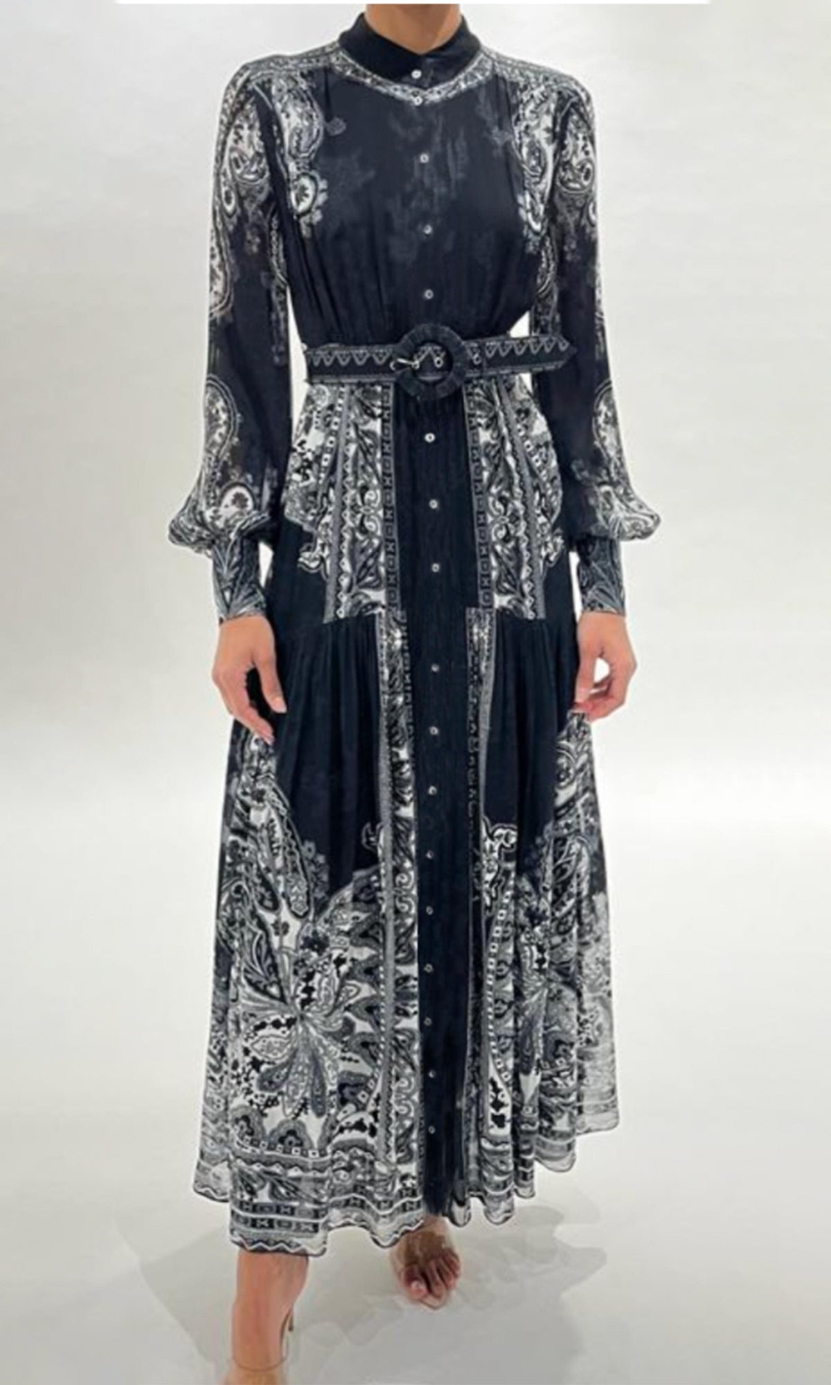 Womens | Viri Viscose Georgette Jacquard Long Dress | Black White