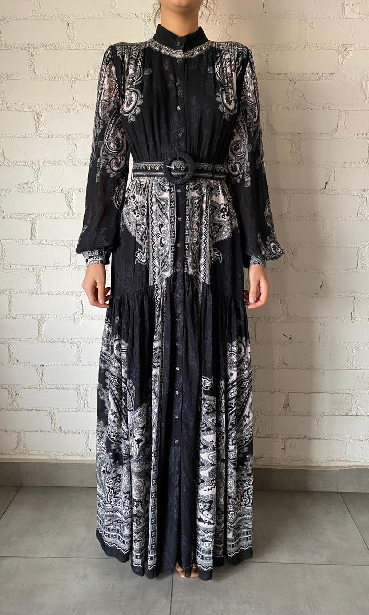 Womens | Viri Viscose Georgette Jacquard Long Dress | Black White