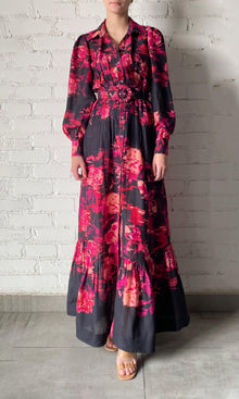 Hemant And Nandita | Zina Viscose Gorgette Jacquard Long Shirt Dress With Flower Print Button And Buckle Belt | Black Magenta