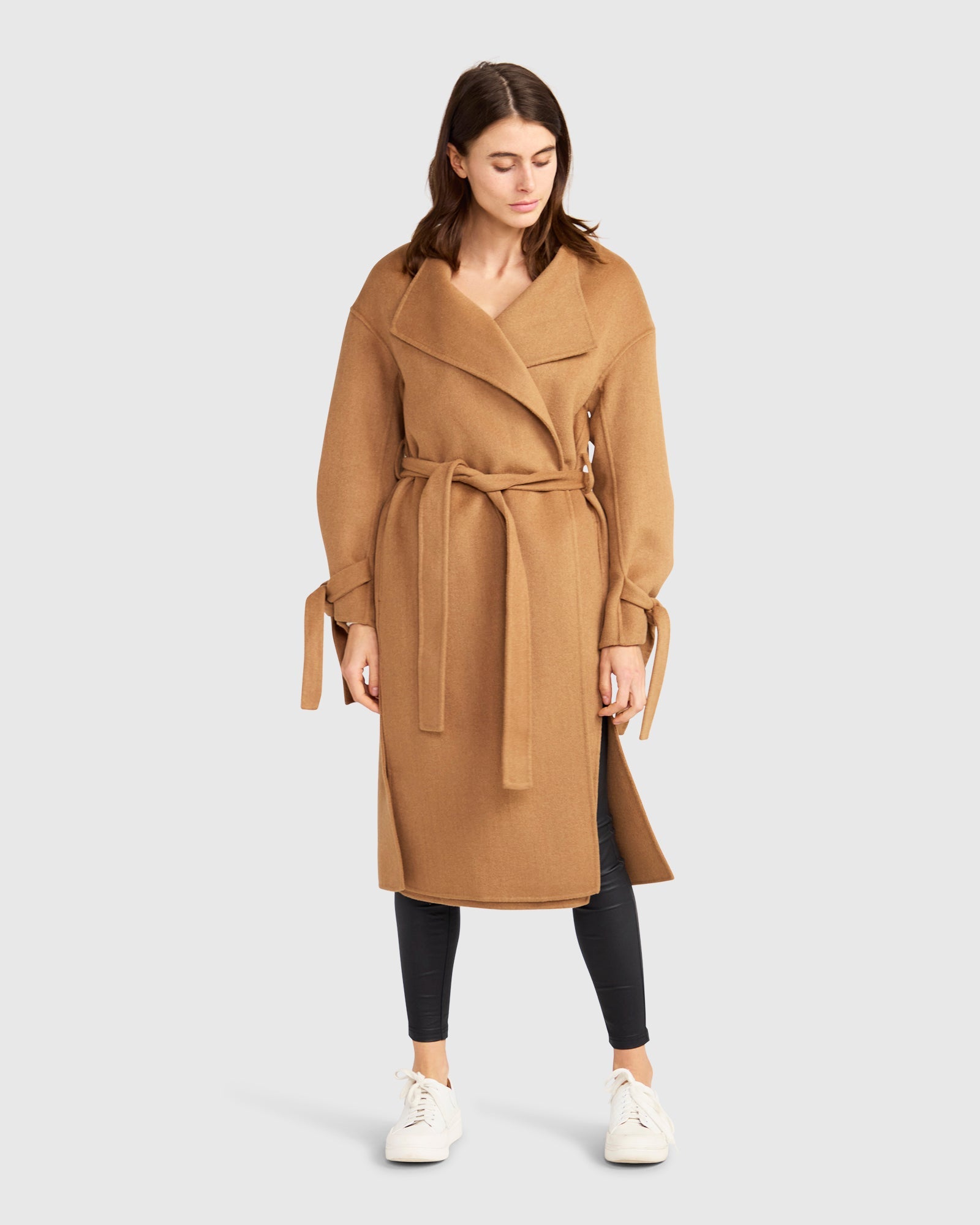 Women | Head Over Heels Wool Blend Collarless Robe Coat | Camel