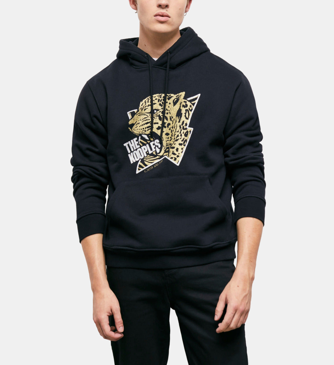 Hoodie With Tiger Screen Print | Men | Black x Antic Gold