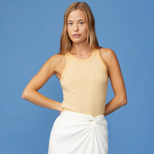 Front View of model wearing the Stripe Narrow Tank in Sand