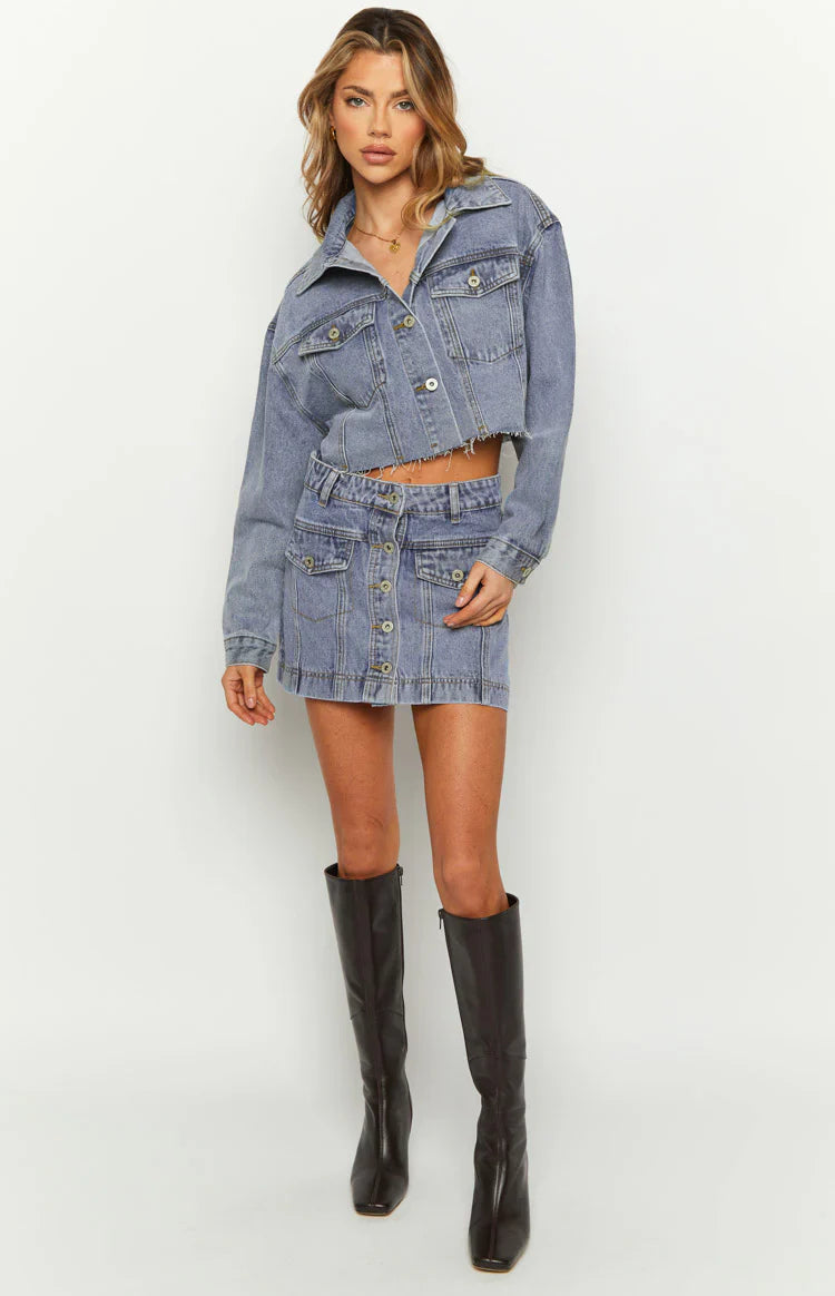 Helena Denim Cargo Mini Skirt | Mid Wash