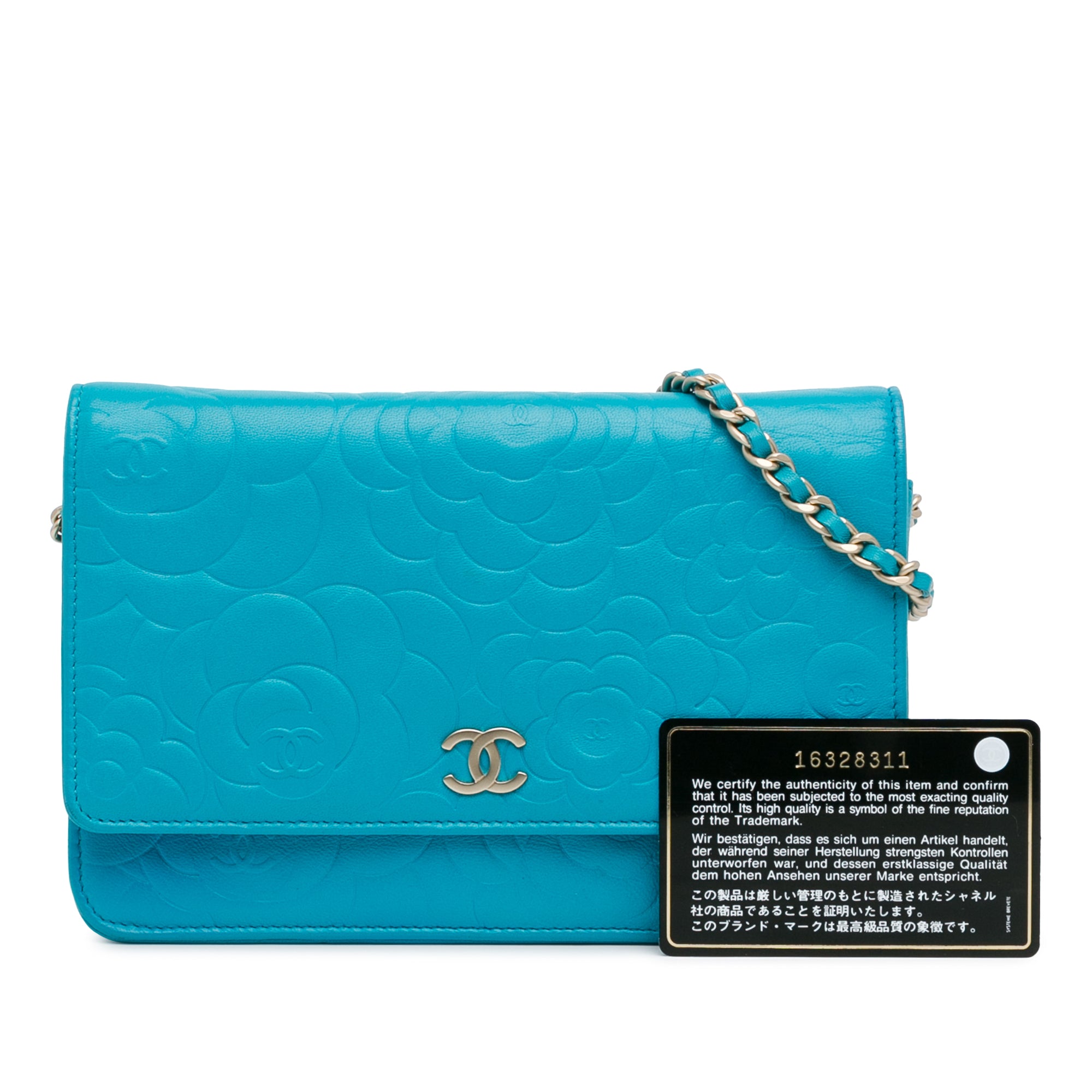 Chanel | Pre-Owned Lambskin Camellia Embossed Wallet On Chain | Blue/Aqua