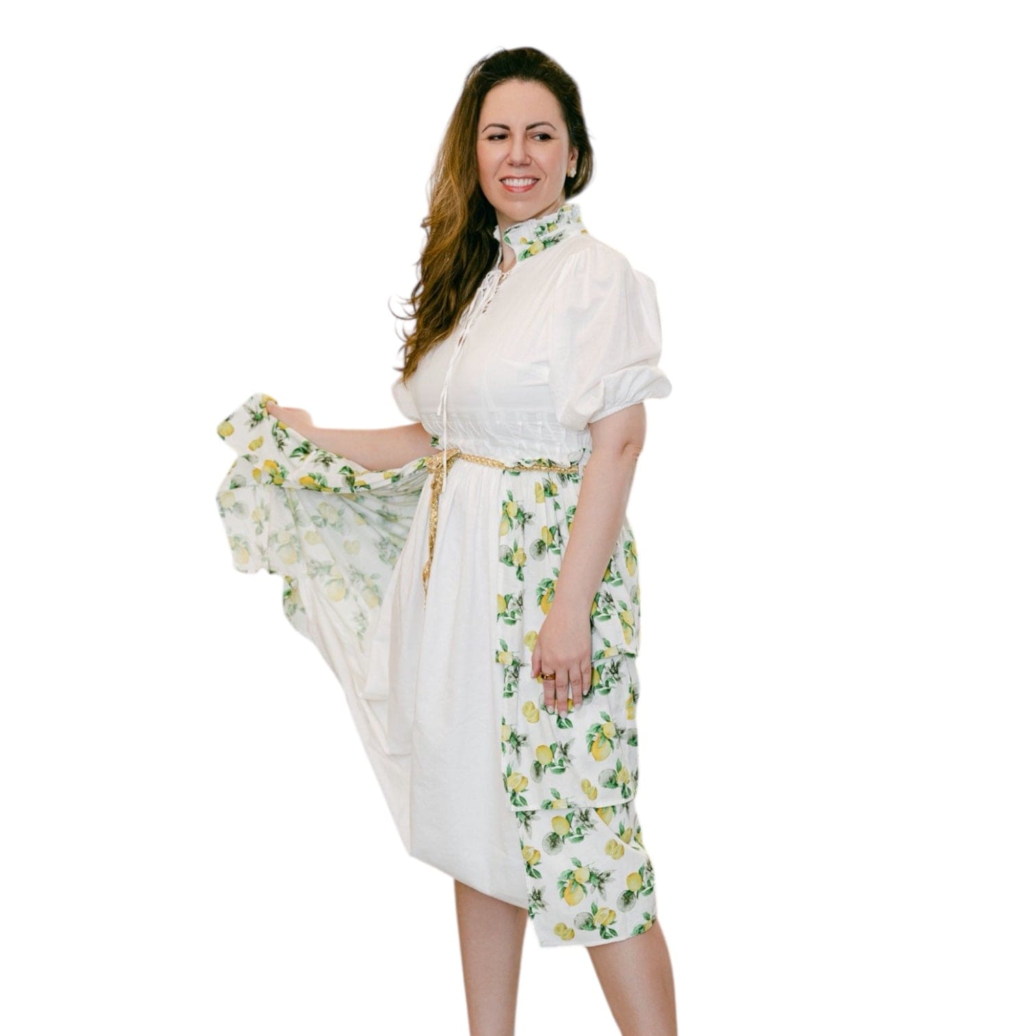 Women | Amalfi Lemon Print Linen Mom Dress | White x Green x Yellow