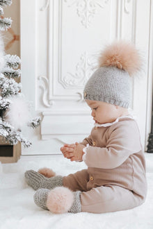 Baby Girls | Honeycomb Cashmere Beanie Hats Pom | Grey & Pink