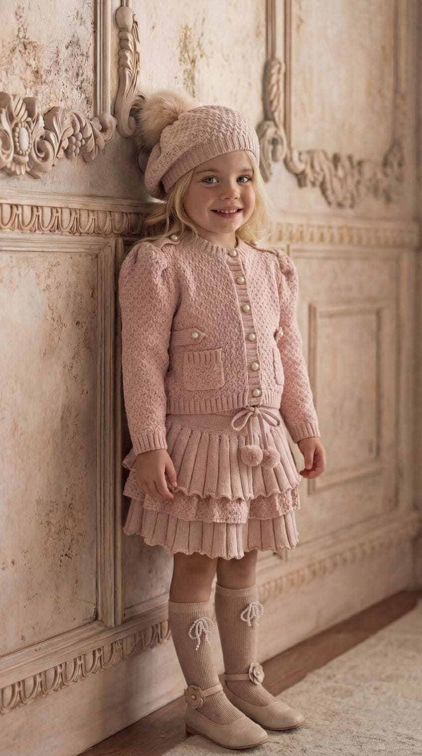 Girls outfits styled with pink knit beret matching Julie collection