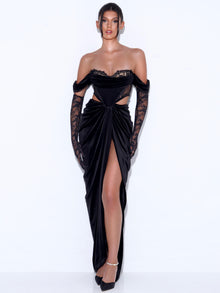 Quintessa Lace Velvet Corset Off Shoulder Gown | Black