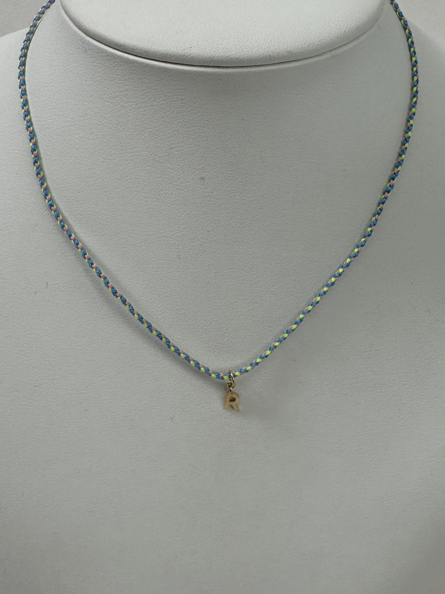 Cord Initial Necklace | 10K Yellow Gold | Blue/Green Adjustable Cord