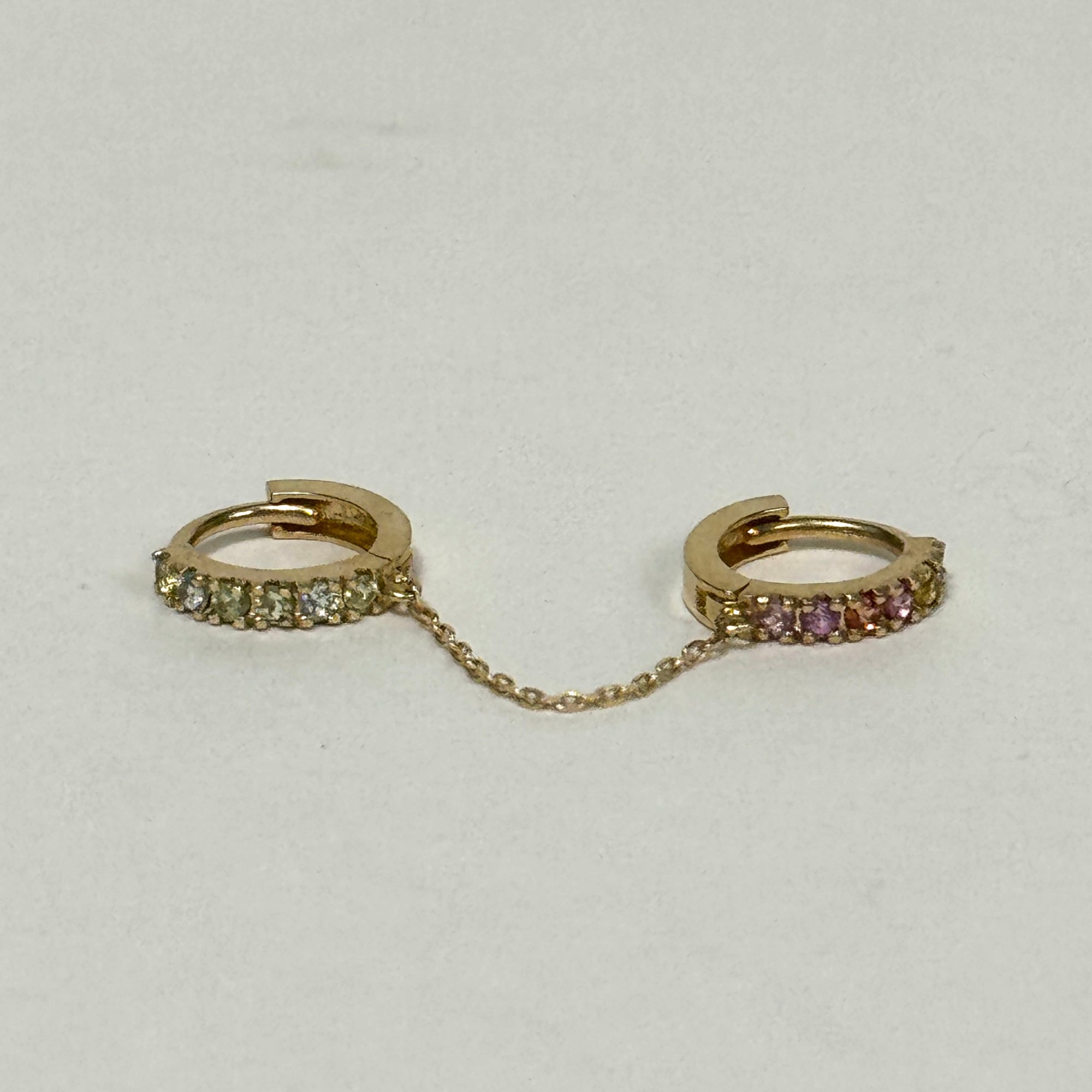 Natural Gemstone Pastel Rainbow Double Huggie | 10K Yellow Gold | Multicolor Natural Gemstones