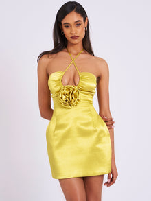 Marcia Satin Strappy Halter Neck Dress | Gold