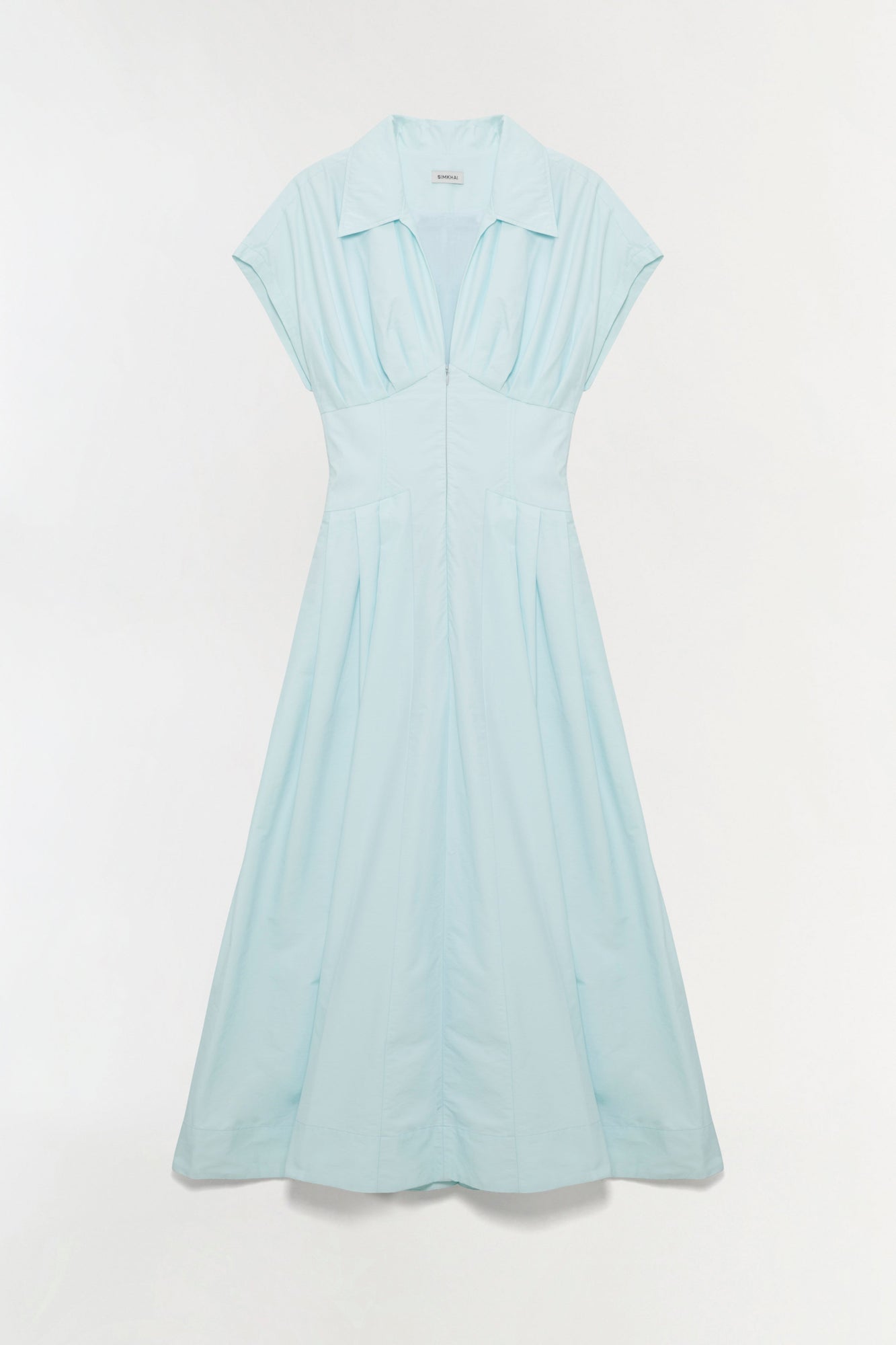 Light blue cotton faille midi dress with short sleeves, collar, front button closure, and full skirt.