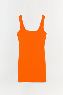 Bright orange sleeveless mini dress with a square neckline and vertical seam details.