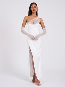 Lora Crystal Embellished Mesh Satin Corset Gown | White