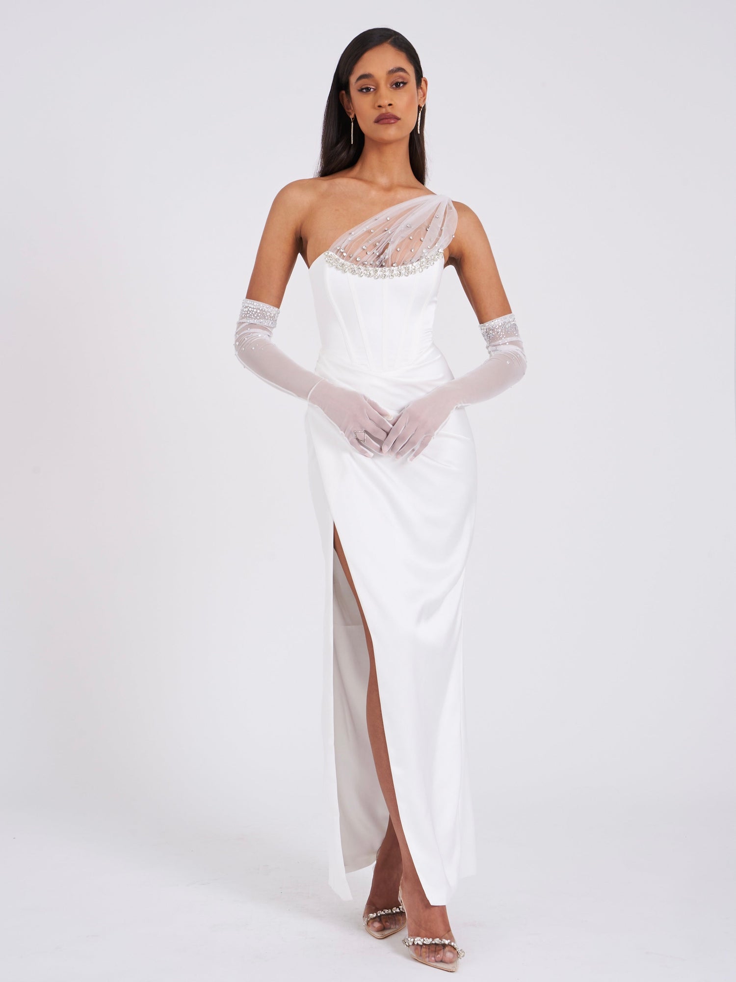 Lora Crystal Embellished Mesh Satin Corset Gown | White