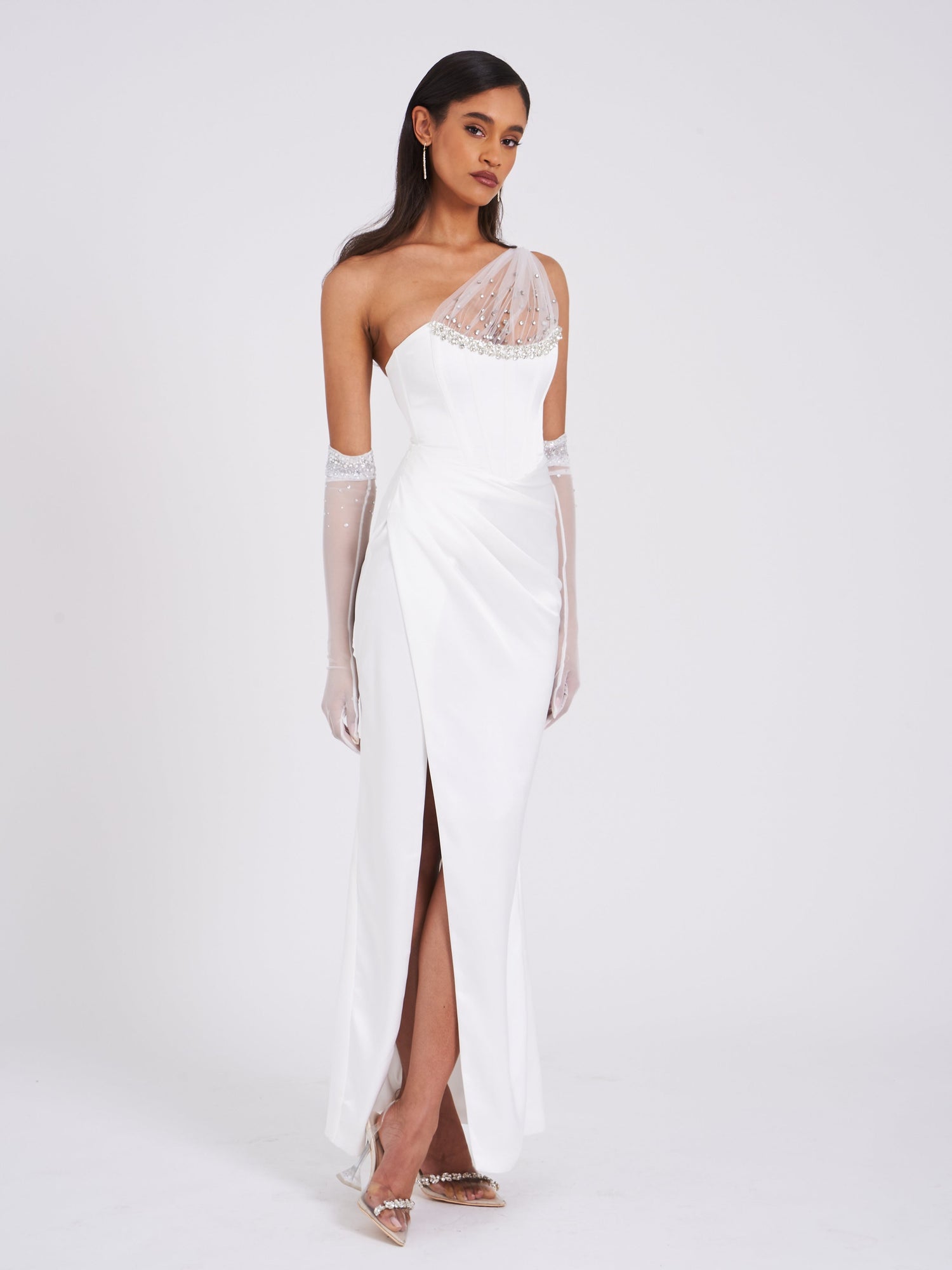 Lora Crystal Embellished Mesh Satin Corset Gown | White