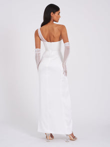 Lora Crystal Embellished Mesh Satin Corset Gown | White