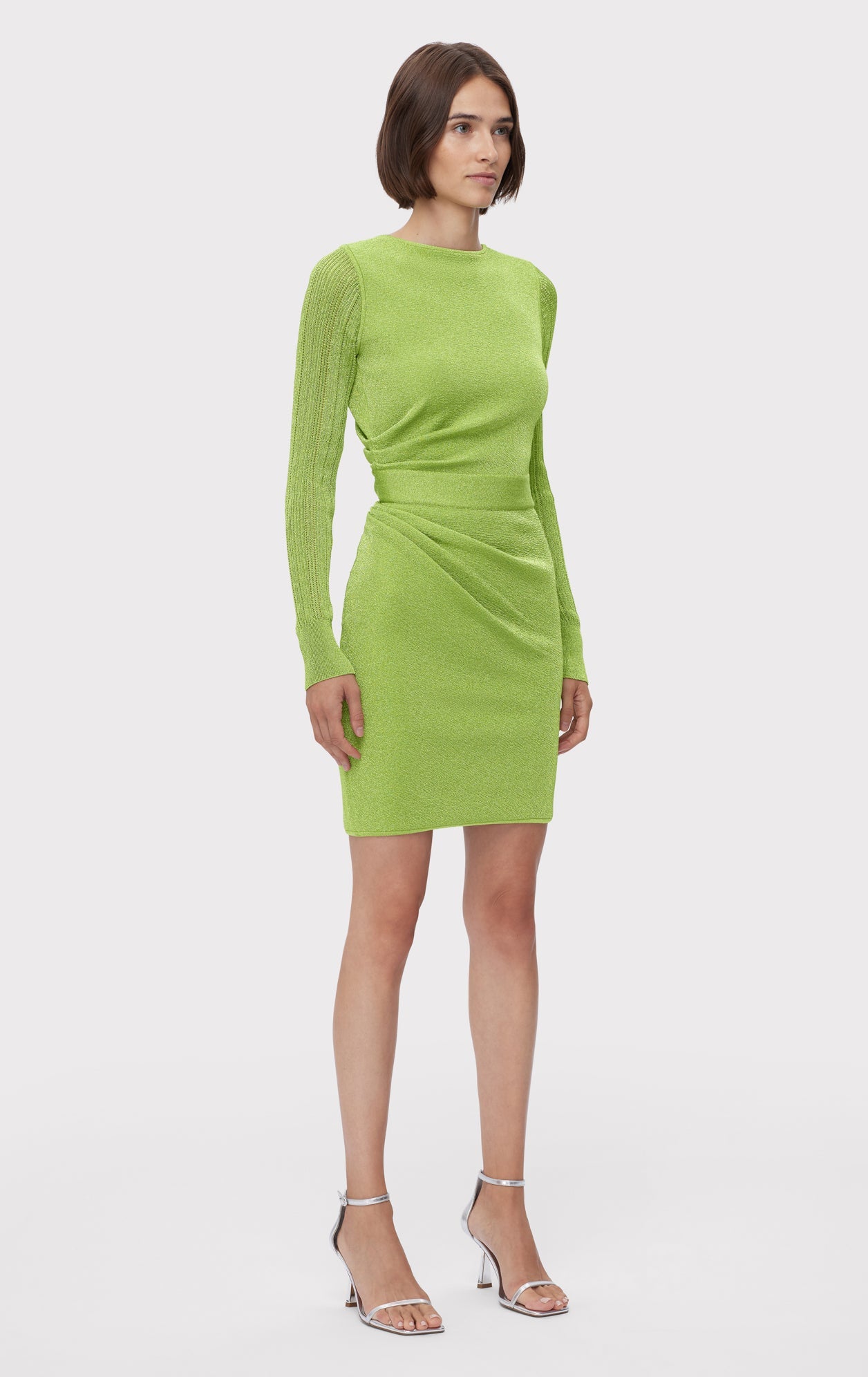 Metallic Bateau Neck Long Sleeve Mini Dress | Metallic Lime