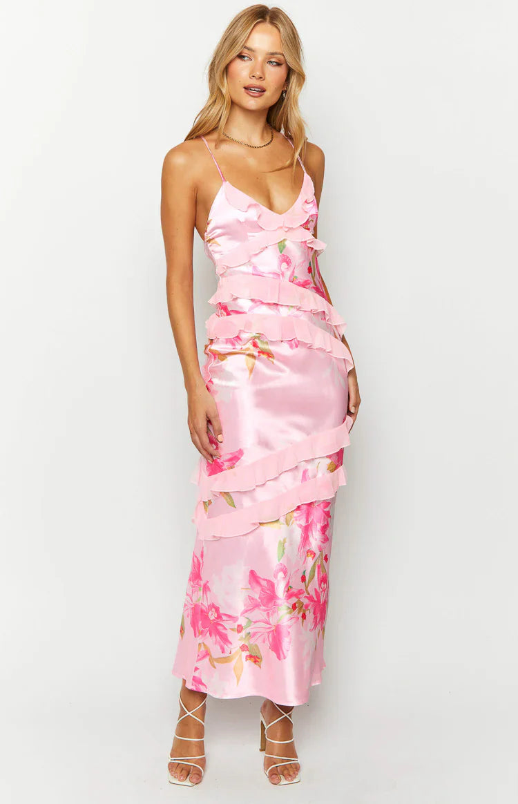 Inara Floral Print Ruffle Prom Dress | Pink