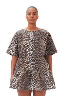 Print Denim Open-Back Mini Dress | Leopard