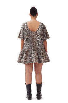Print Denim Open-Back Mini Dress | Leopard