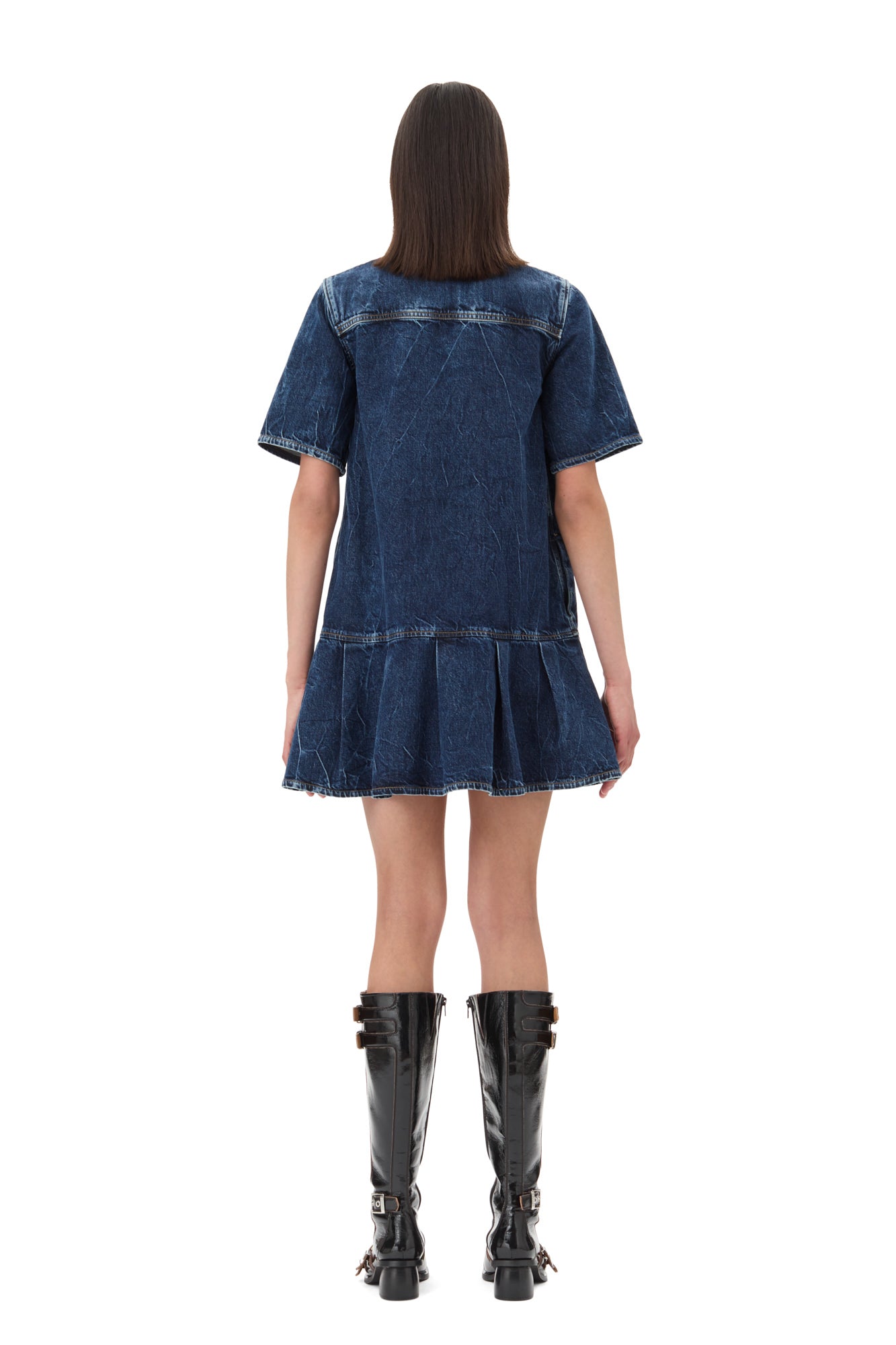 Crinkled Future Denim Mini Dress | Mid Blue Stone