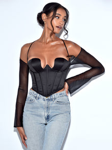 Pixie Mesh Sleeve Halter Corset Satin Top | Black