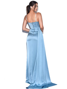 Elayna Pale Strappy Satin Corset High Slit Gown | Blue