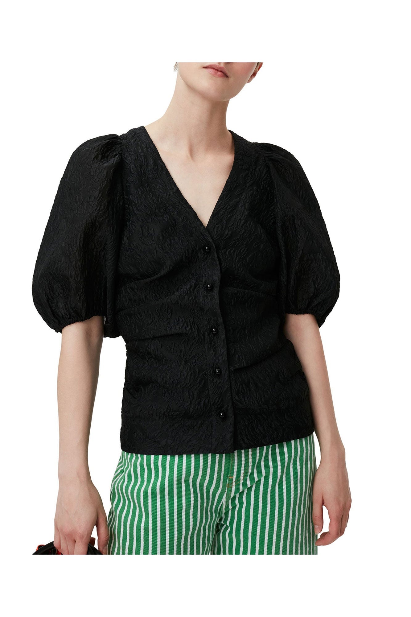 Jacquard V neck Blouse | Black