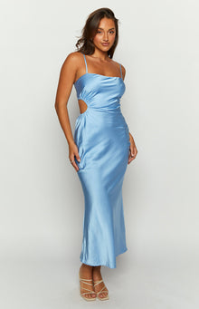 Blue satin maxi dress with square neckline, thin straps, and ruched side cutout detail