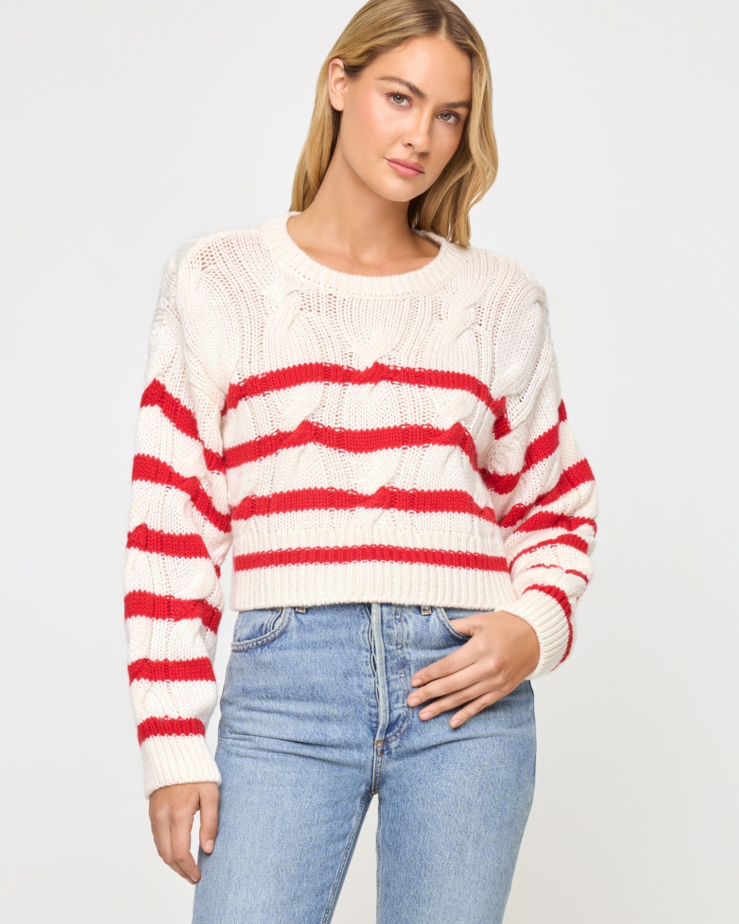 Cream Flame | Badge:New Arrival_#B2AC88_#ffffff' Red and cream striped knit sweater