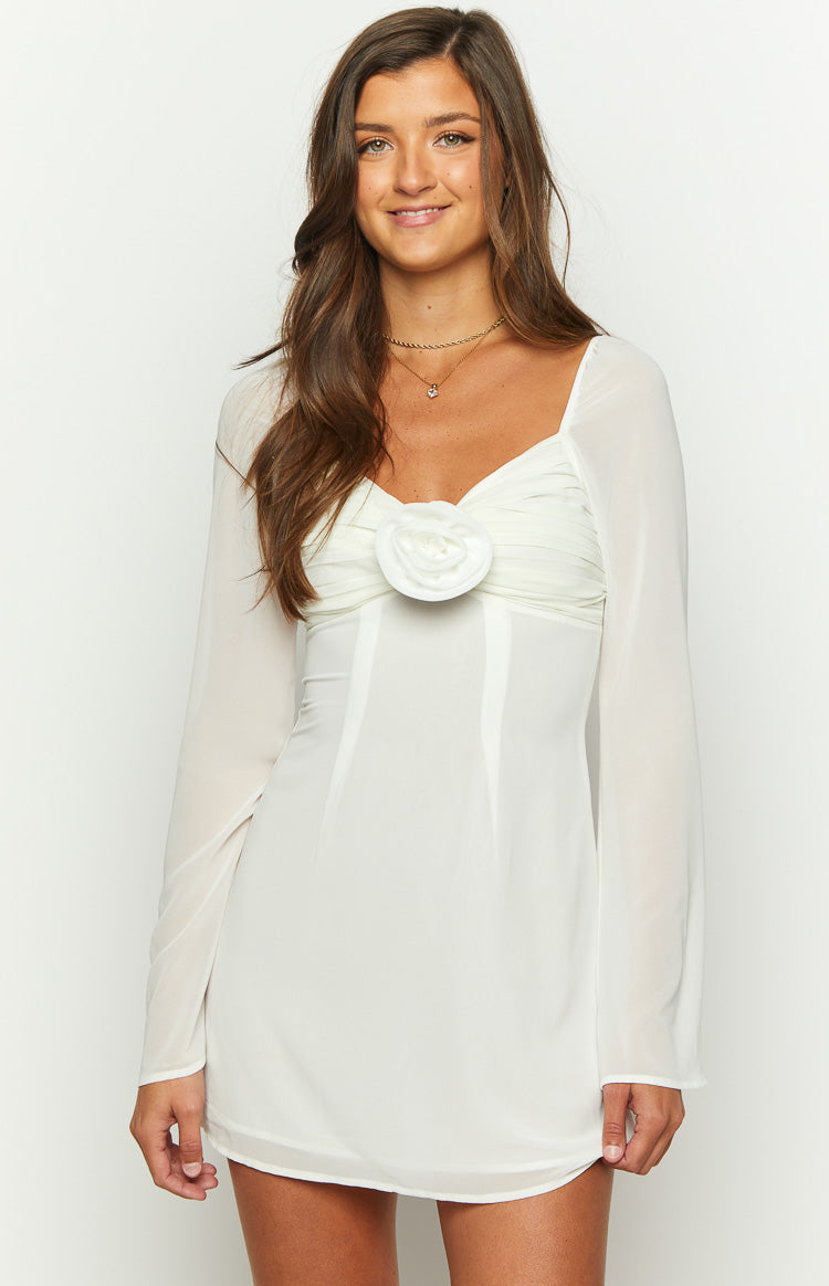 Kadence Chiffon Long Sleeve Mini Dress | White