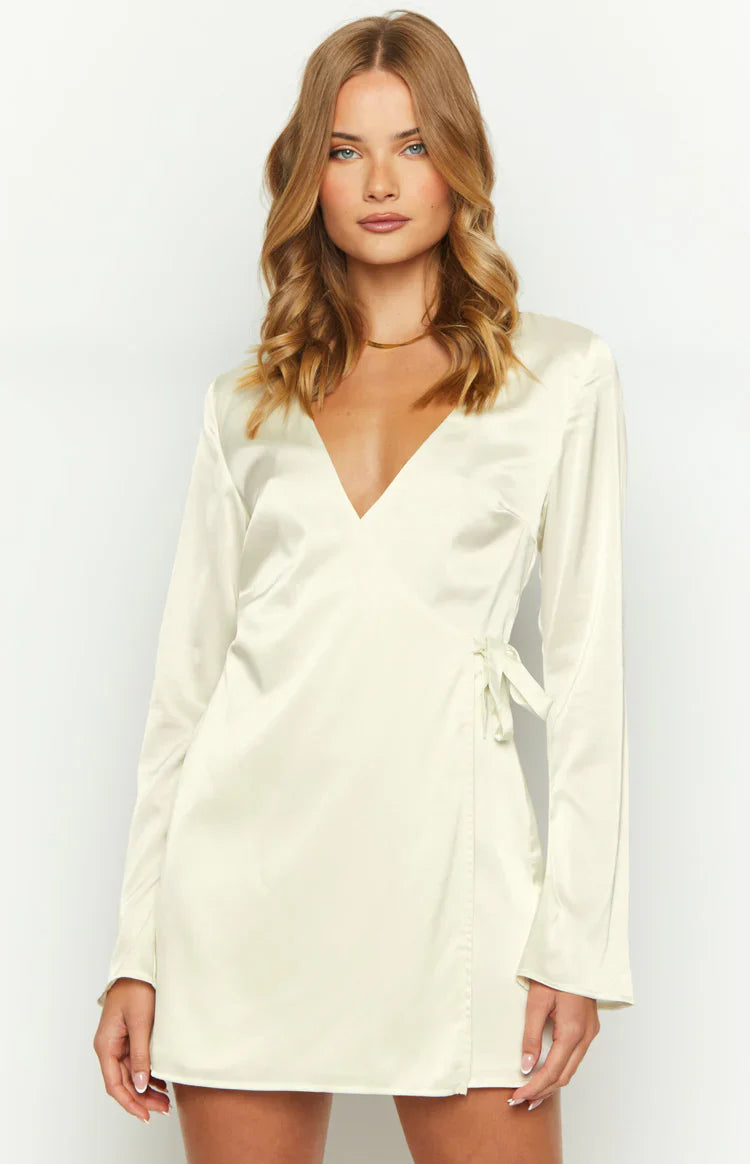 Kasya Satin Long Sleeve Mini Dress | Cream
