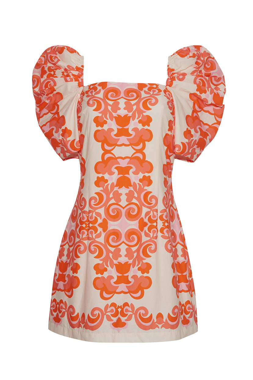 Kelly Dress | Venice Scroll Mandarin Red