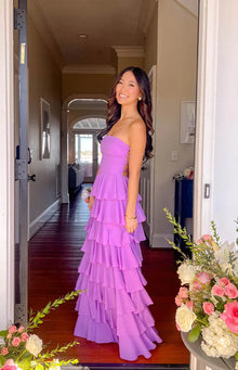 Kim Strapless Ruffle Prom Dress | Magenta