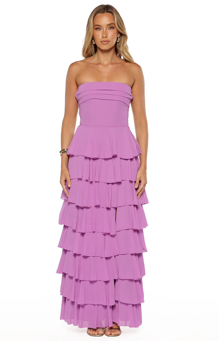 Kim Strapless Ruffle Prom Dress | Magenta