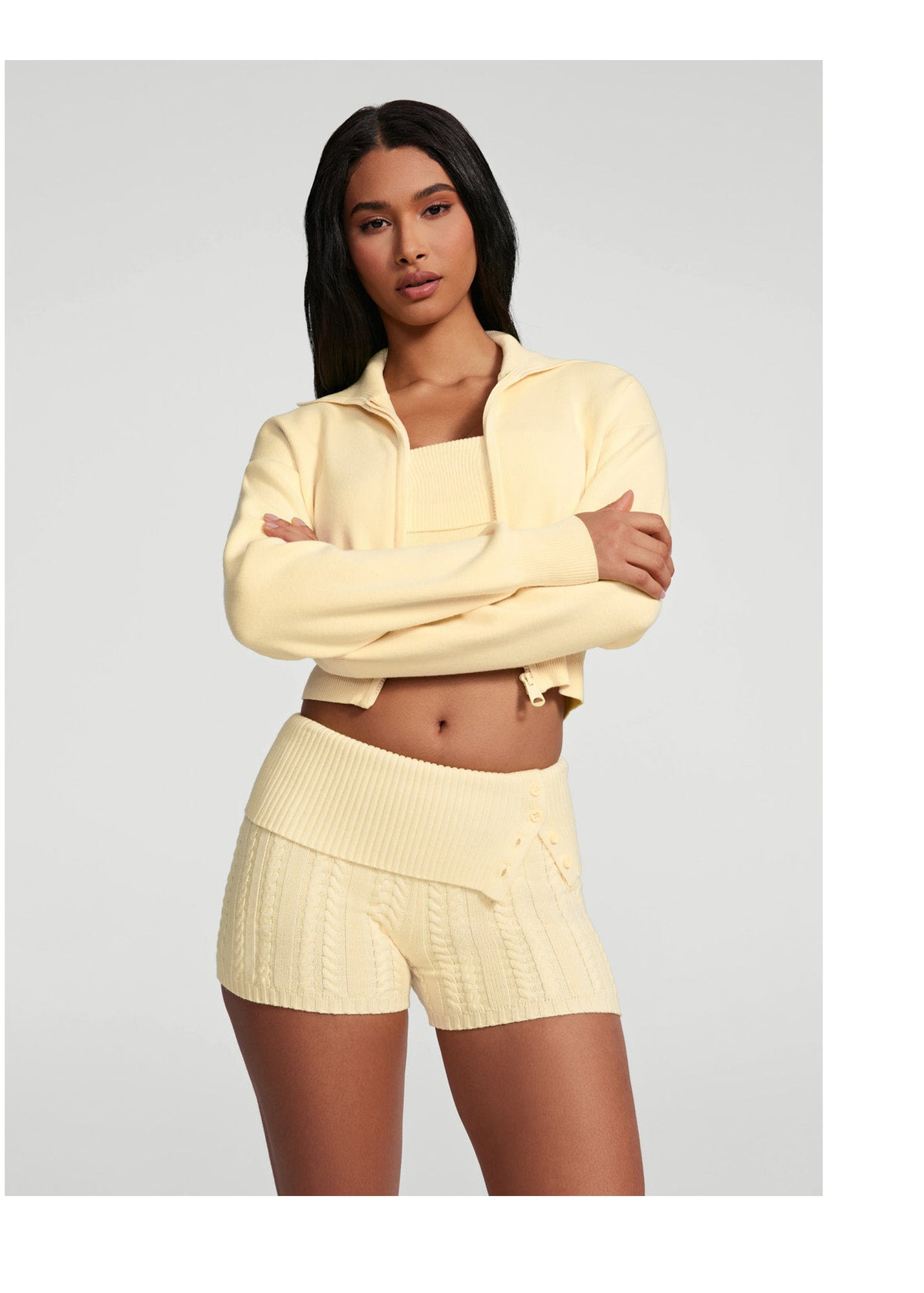 Knit Cropped Zip-Up Jacket | Lemon Meringue