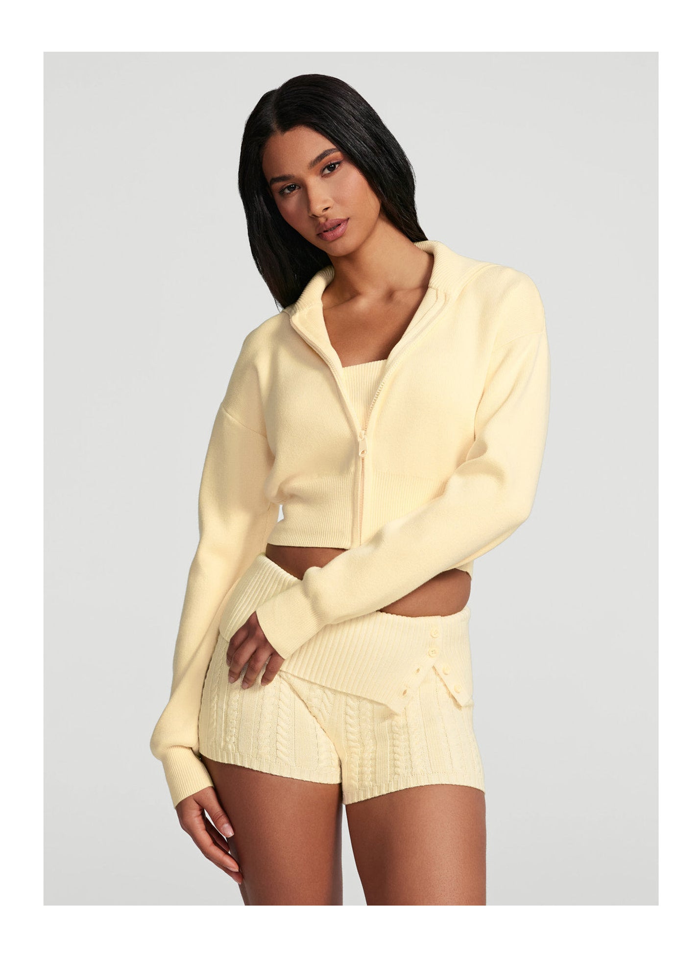 Knit Cropped Zip-Up Jacket | Lemon Meringue