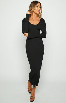 Black ribbed knit maxi dress with a wide scoop neckline and long fitted sleeves