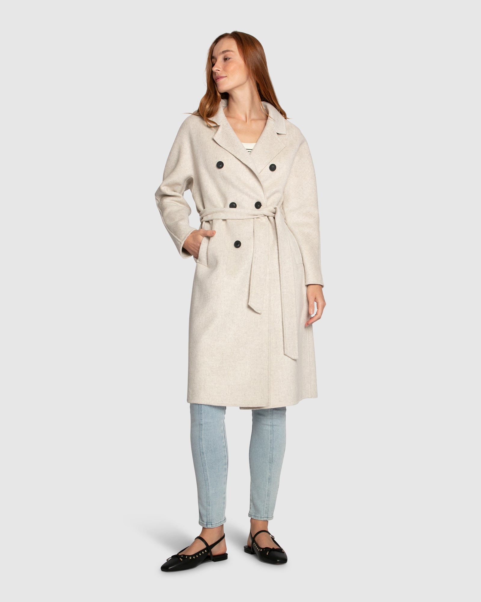 Women | Boss Girl Double-Breasted Lined Wool Coat | Oat Marle