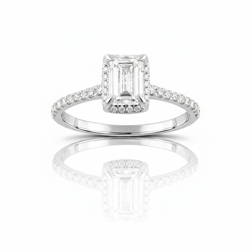 1.40 CT Emerald/Round Lab-Grown Diamond | Engagement Ring | 14K White Gold | G Color | VS Clarity