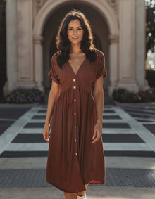 Women | Deep V Button Thru Dress | Clay