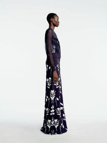 Floral Jacquard Knit Sheer Beaded Cardigan | Navy
