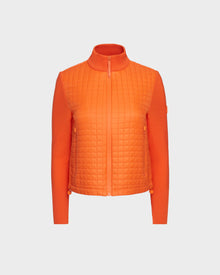 The Rudsak LOUISE - 8124046 in Orange Sorbet is a womens hybrid knit sweater jacket featuring a RDS-certified down quilted front, zip closure, ribbed high collar, long sleeves, fitted silhouette, and modern textured knit details.
