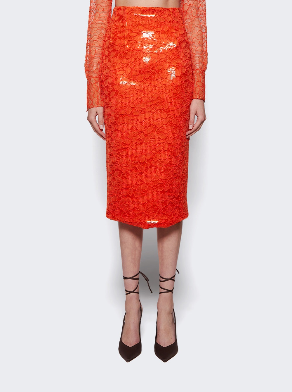 Women | LaQuan Smith | Sequin Lace Pencil Midi Skirt | Orange