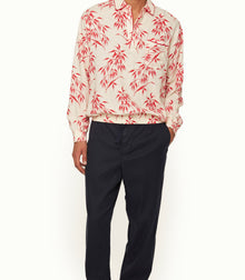 Lakewood Easy Fit Classic Collar Long-Sleeve Bamboo Print Linen Overhead Shirt | White Sand/Summer Red